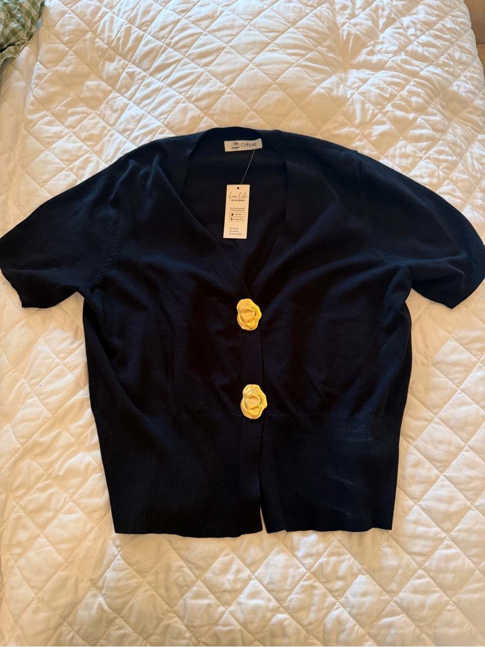 Cupshe Black Short Sleeve Cardigan with Gold Floral Buttons